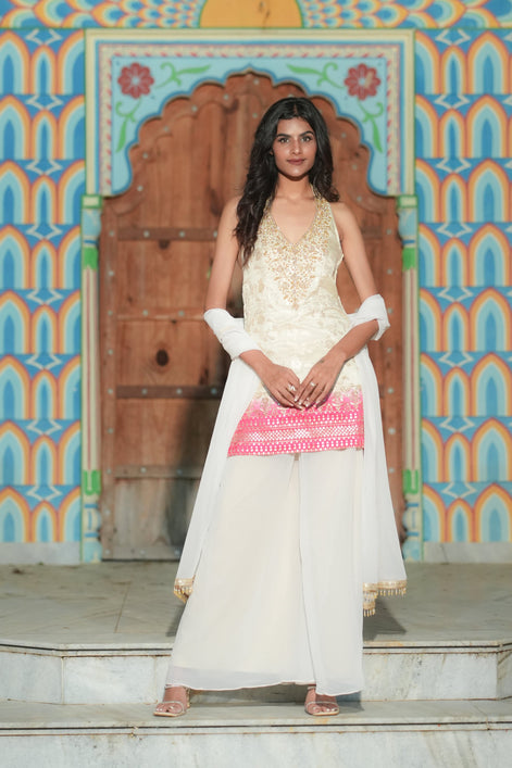 Cream Dual-Tone Hand Embroidered Banarasi Silk Palazzo Suit