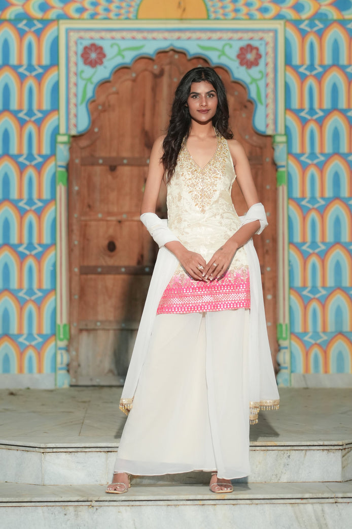 Cream Dual-Tone Hand Embroidered Banarasi Silk Palazzo Suit