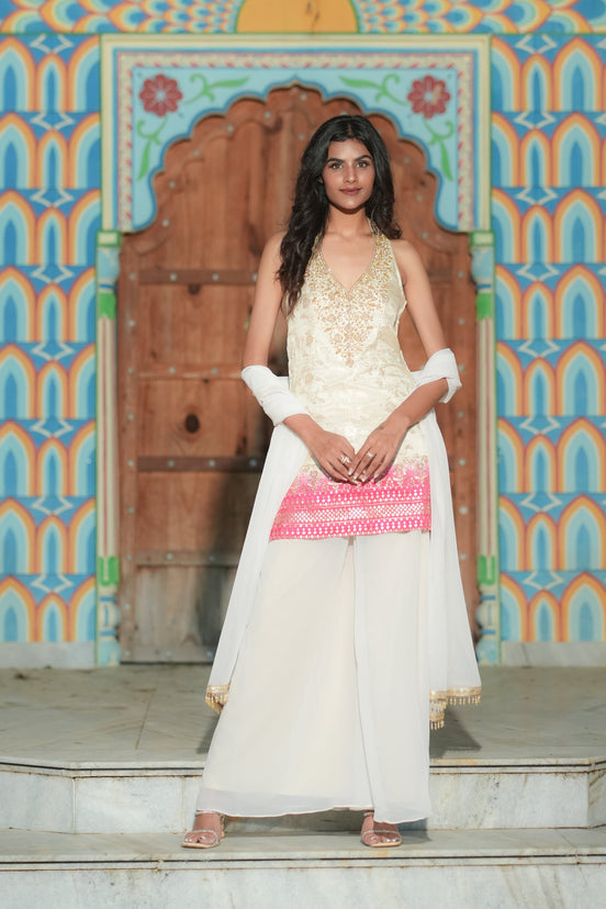 Cream Dual-Tone Hand Embroidered Banarasi Silk Palazzo Suit