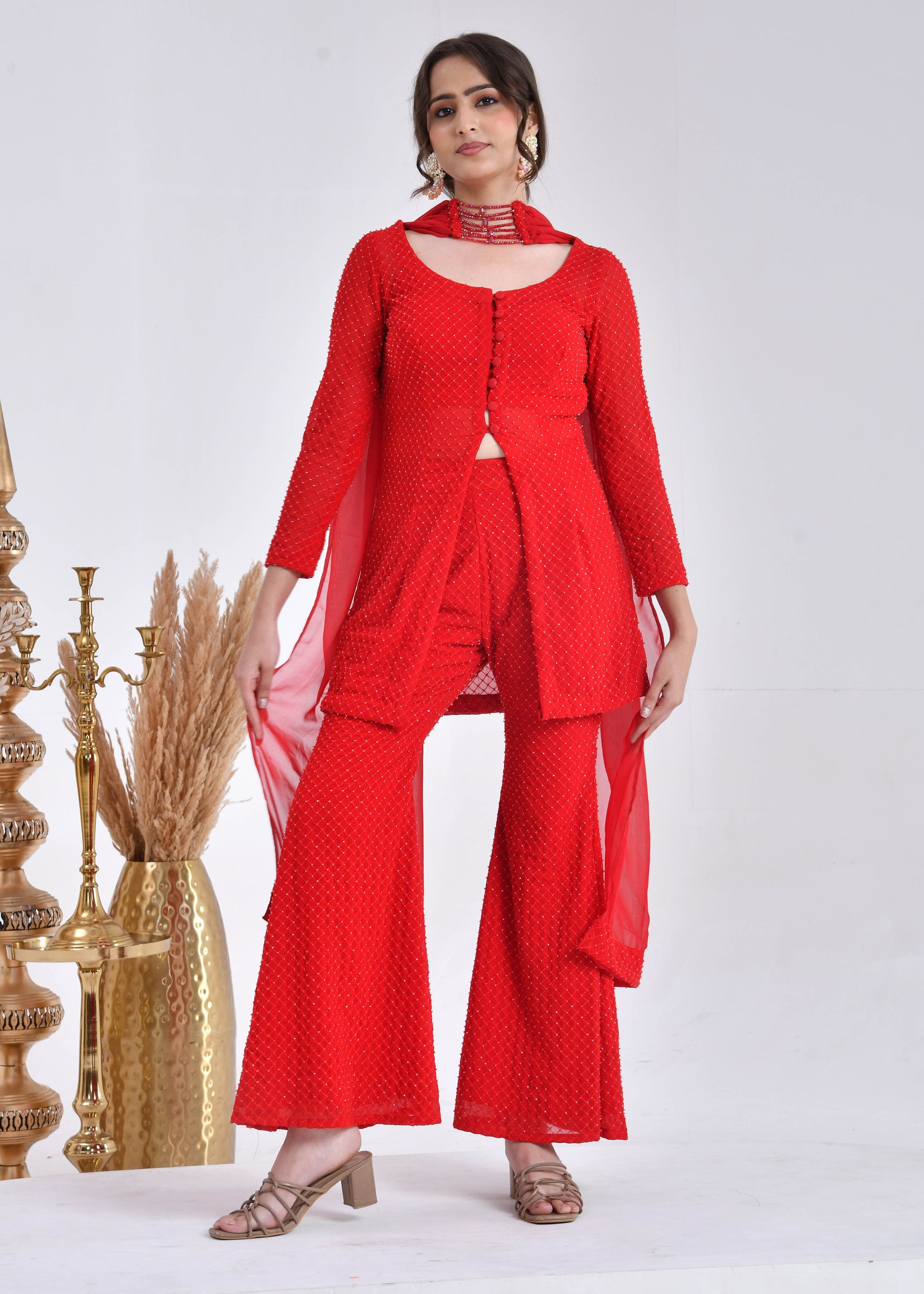 Bright Red Hand-Embroidered Georgette Sharara Suit