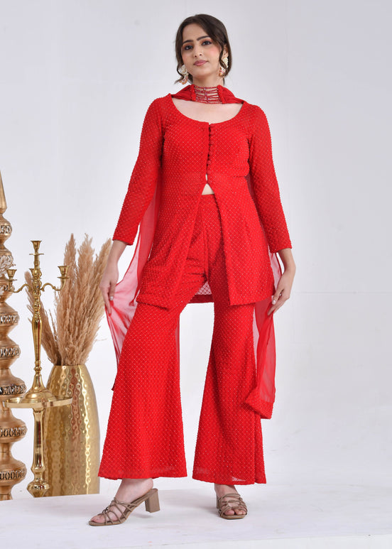 Bright Red Hand-Embroidered Georgette Sharara Suit