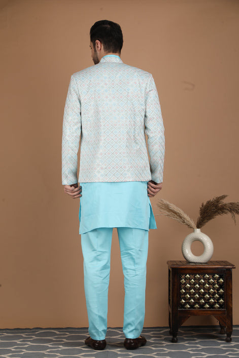 Aqua Blue Silk Nehru Jacket Set