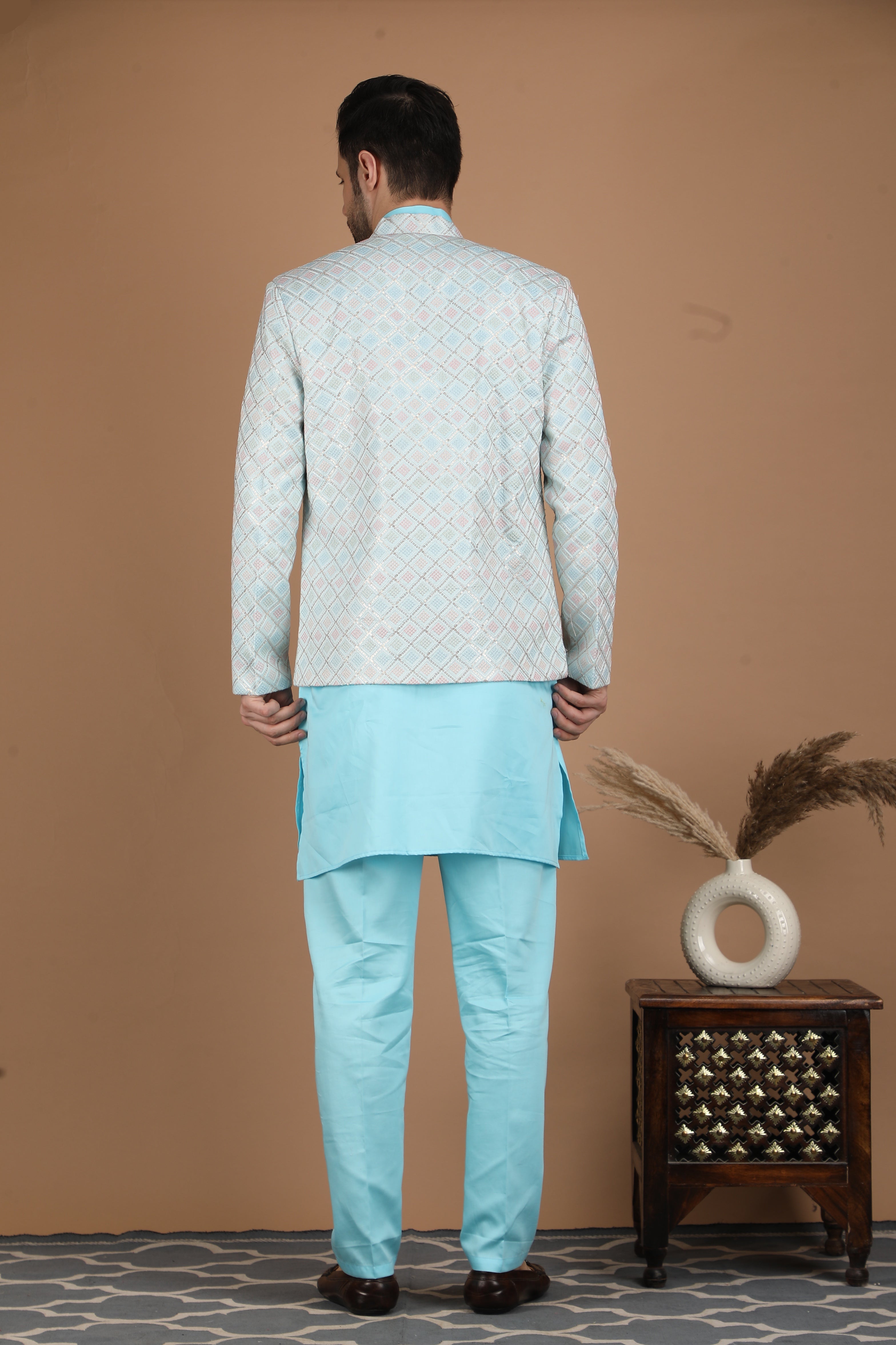 Aqua Blue Silk Nehru Jacket Set