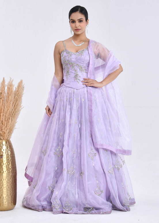 Lavender Hand-Embroidered Organza Lehenga