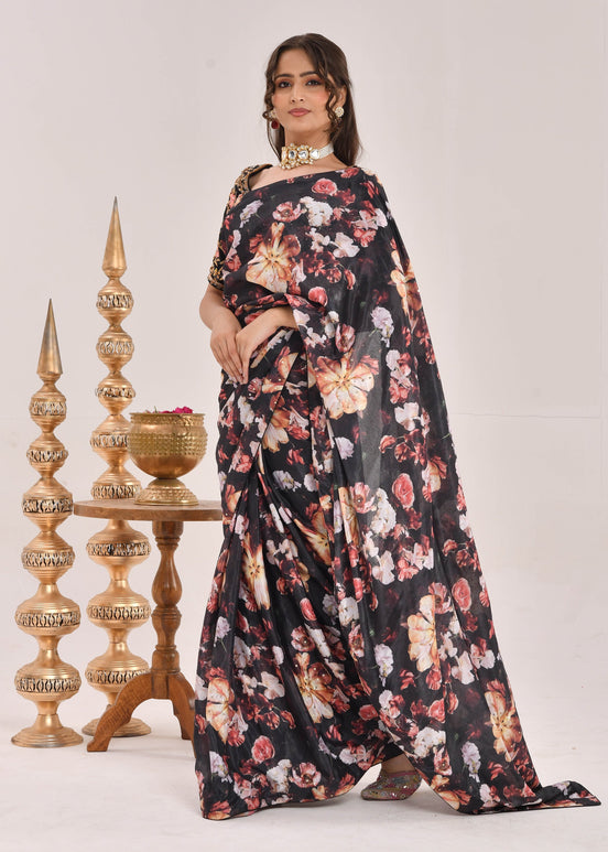 Black Floral Printed Hand-Embroidered Chiffon Saree