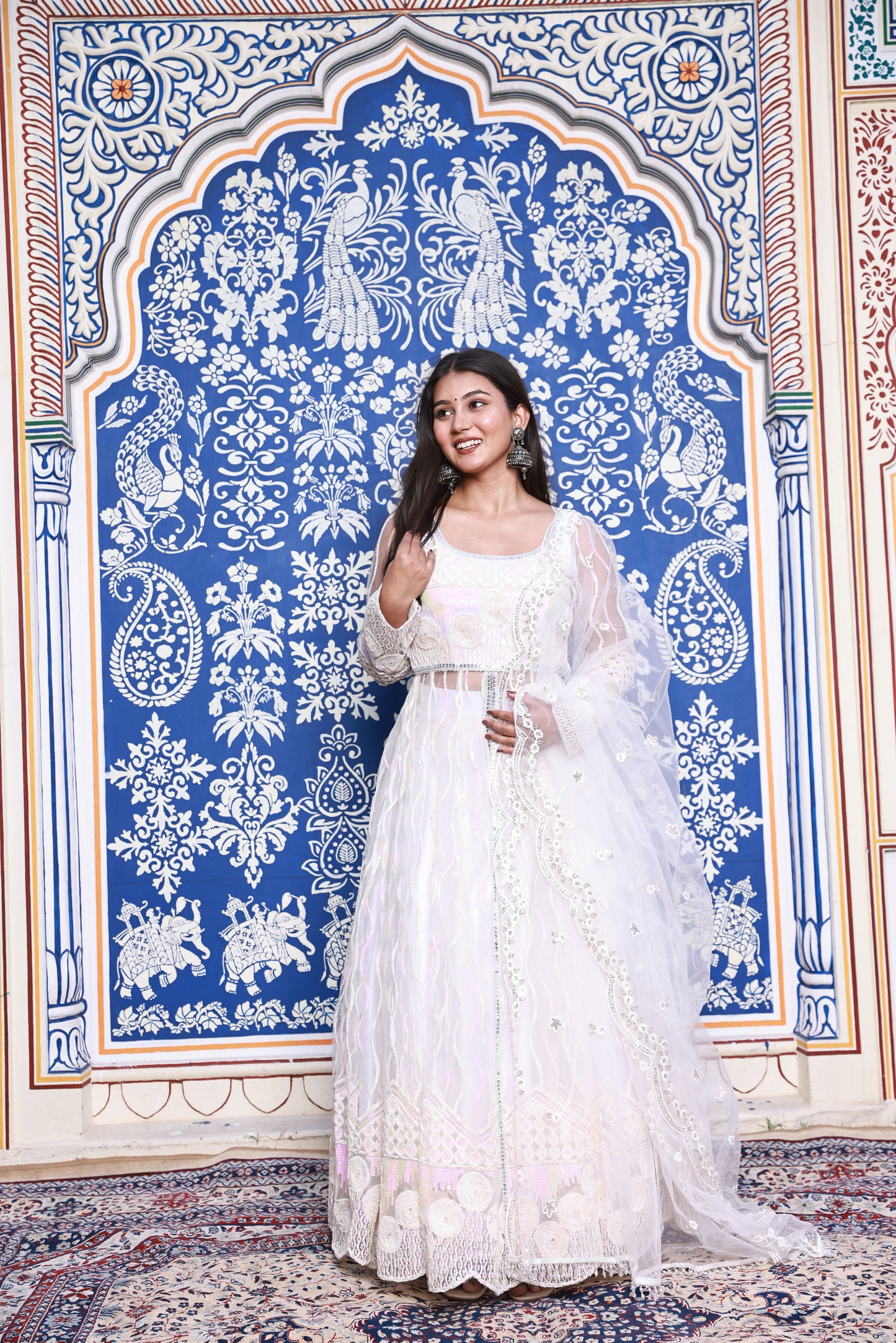 White Floral Embroidered Anarkali Style Net Lehenga