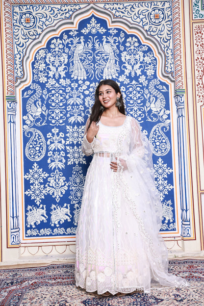 White Floral Embroidered Anarkali Style Net Lehenga