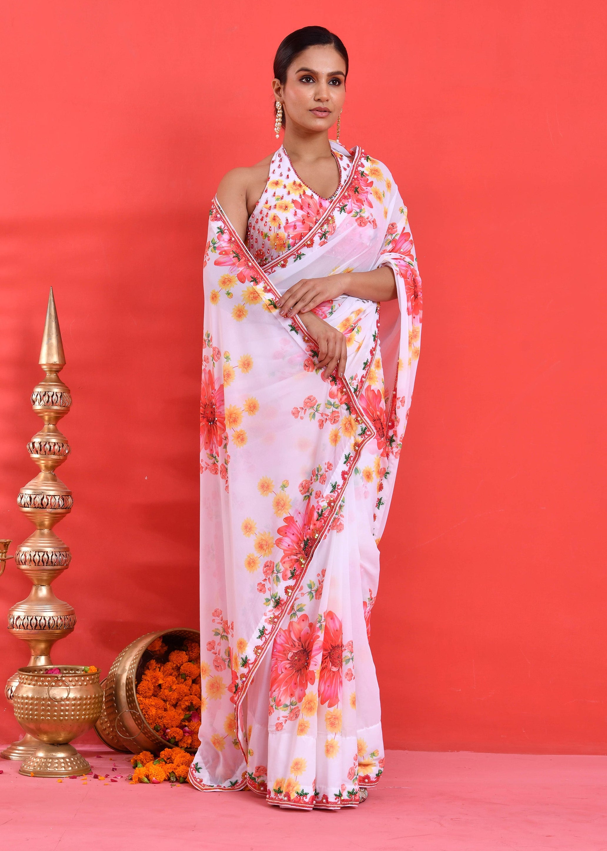 White Floral Hand-Embroidered Georgette Saree