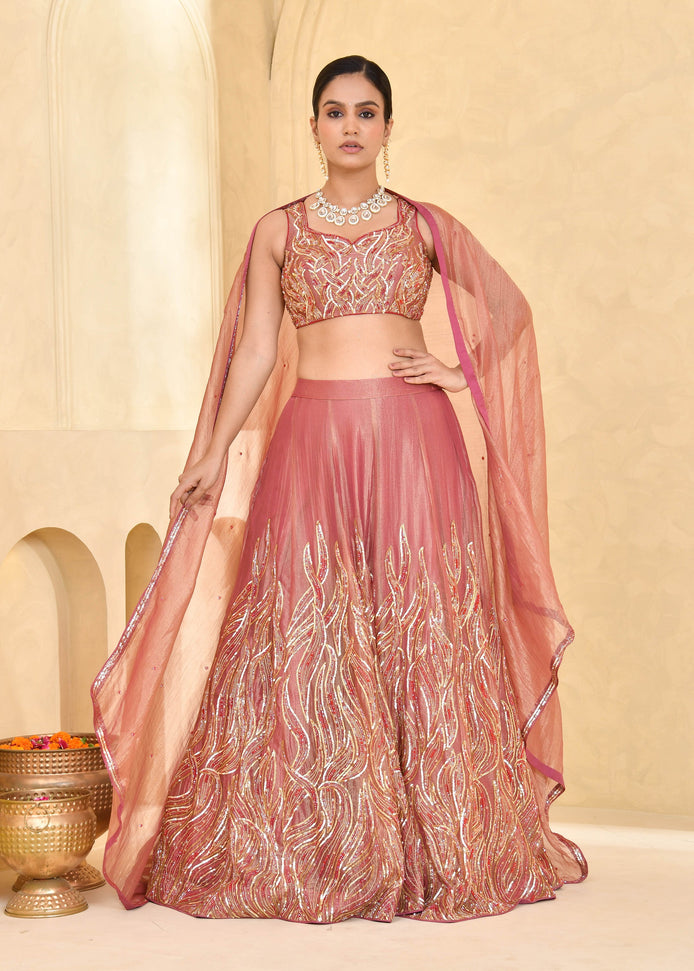 Rust Peach Hand-Embroidered Tissue Lehenga