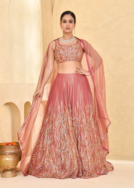 Rust Peach Hand-Embroidered Tissue Lehenga