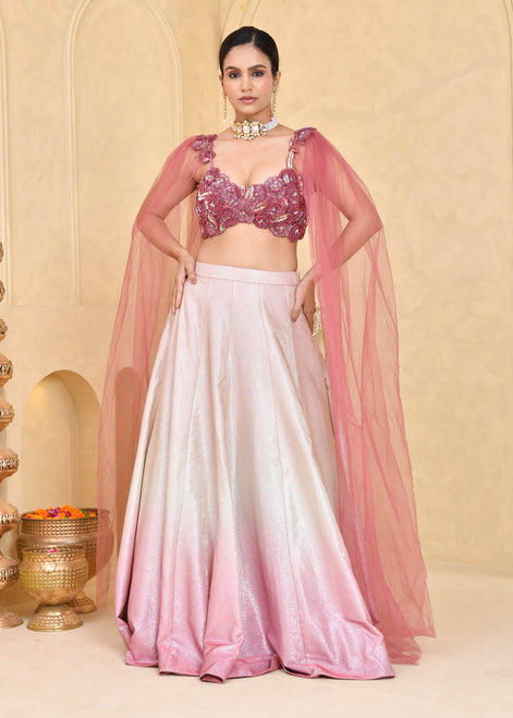 Tricolor Hand-Embroidered Shimmer Lycra Lehenga