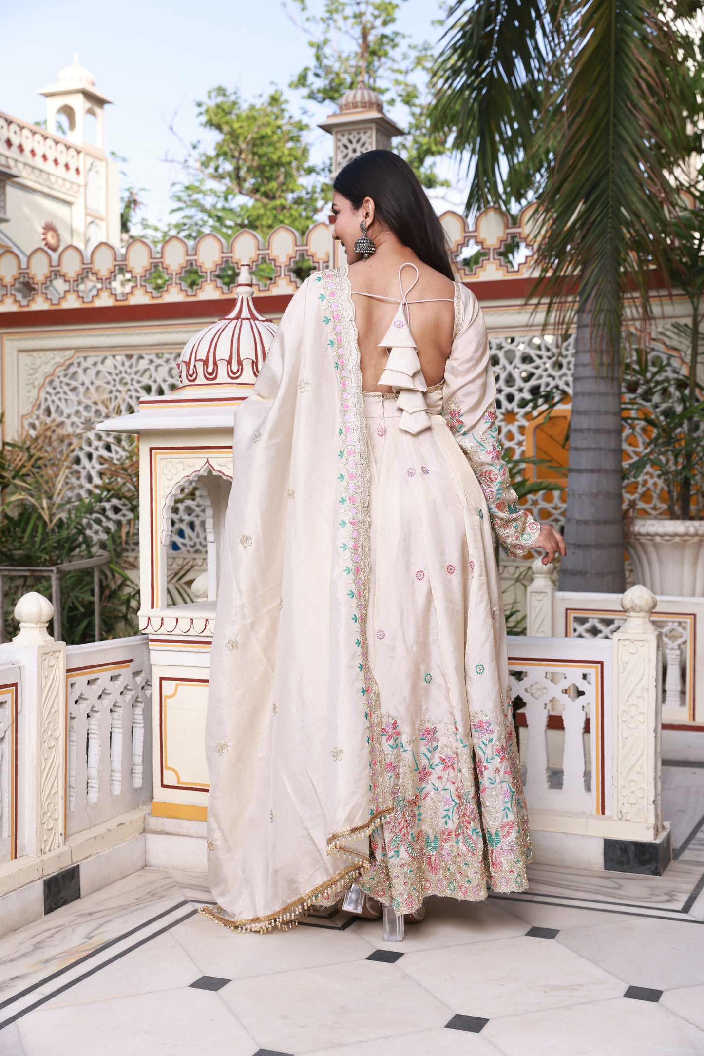 Light Beige Floral Hand-Work Crepe Silk Gown