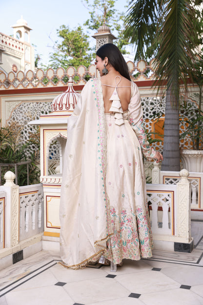 Light Beige Floral Hand-Work Crepe Silk Gown