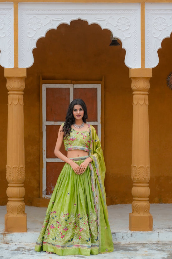 Apple Green Hand Embroidered Silk Lehenga