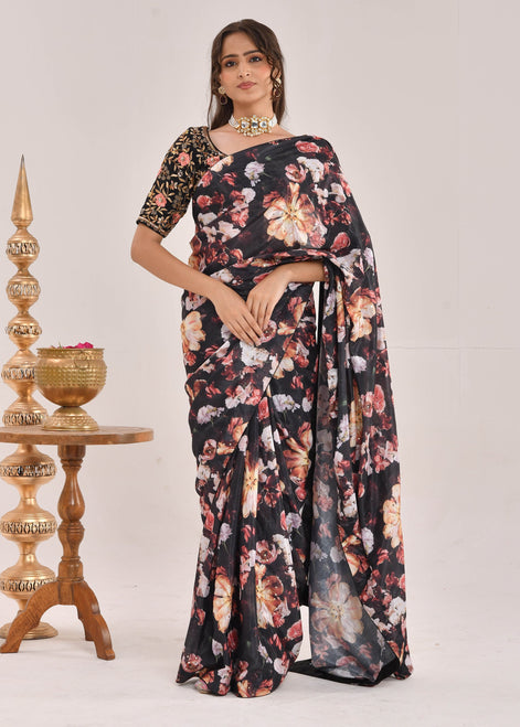 Black Floral Printed Hand-Embroidered Chiffon Saree