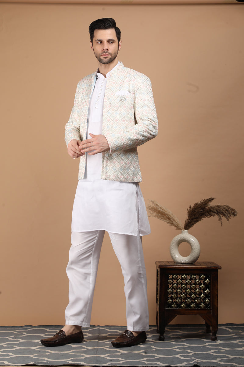 Cream Multicolor Silk Nehru Jacket Set
