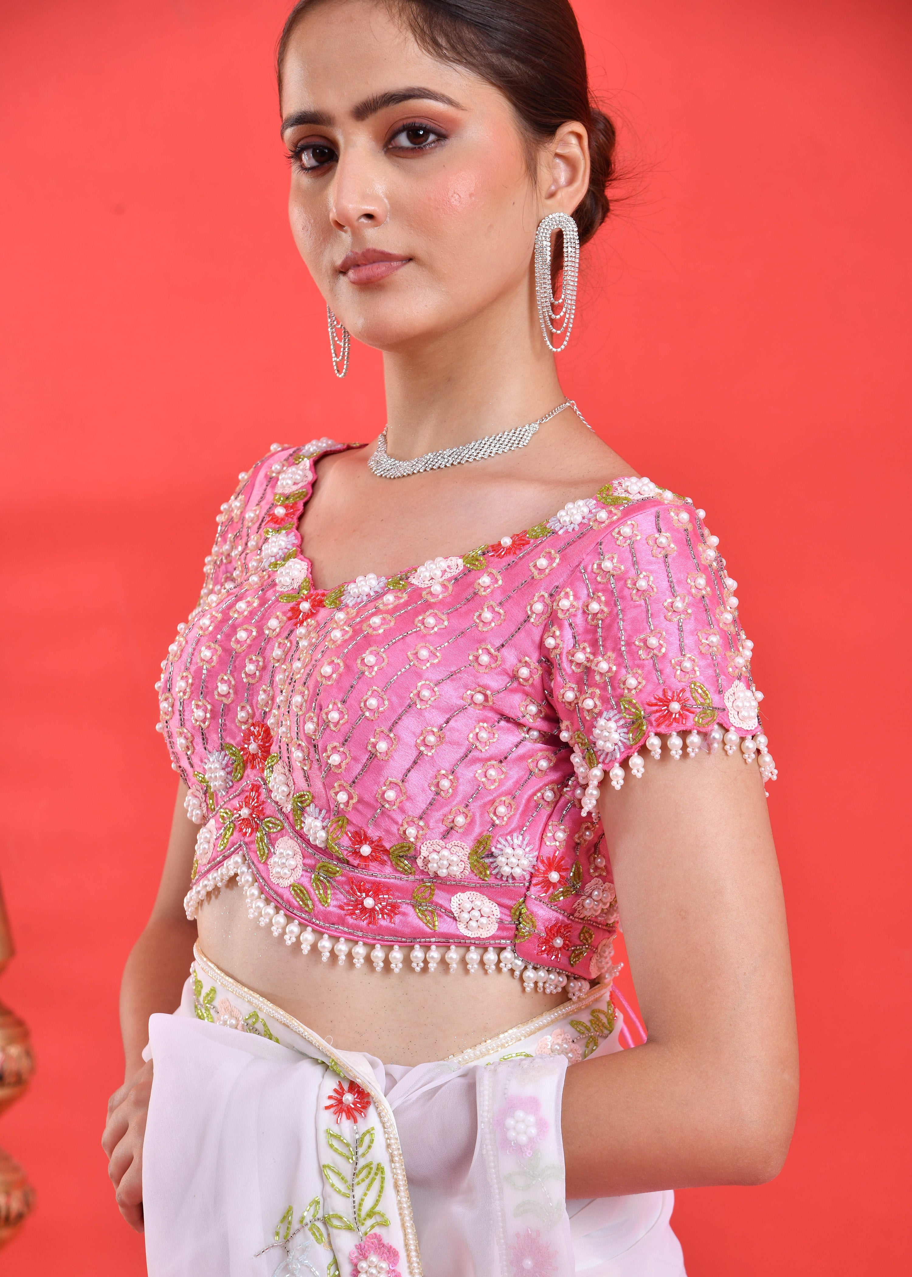 White Floral Hand-Embroidered Georgette Saree