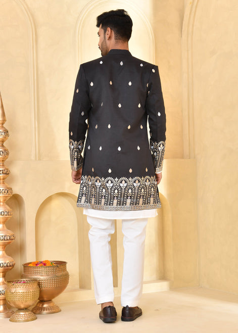 Black Embroidered Raw Silk Indo-Western Jacket Set