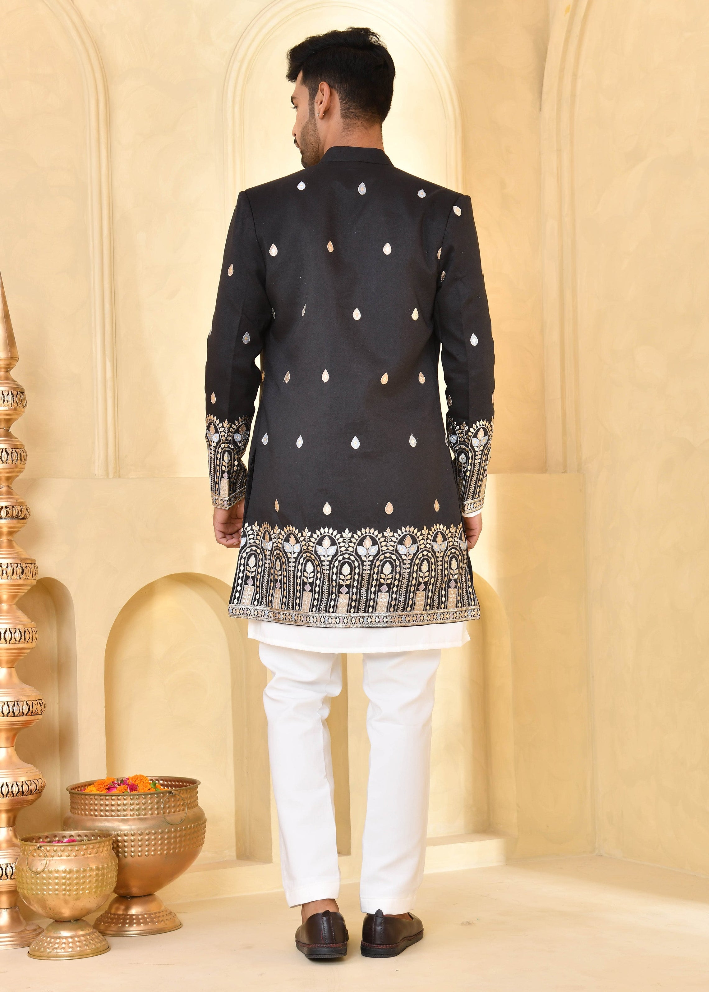 Black Embroidered Raw Silk Indo-Western Jacket Set