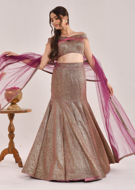 Wine Hand-Embroidered Metallic Lurex Lycra Fishcut Lehenga