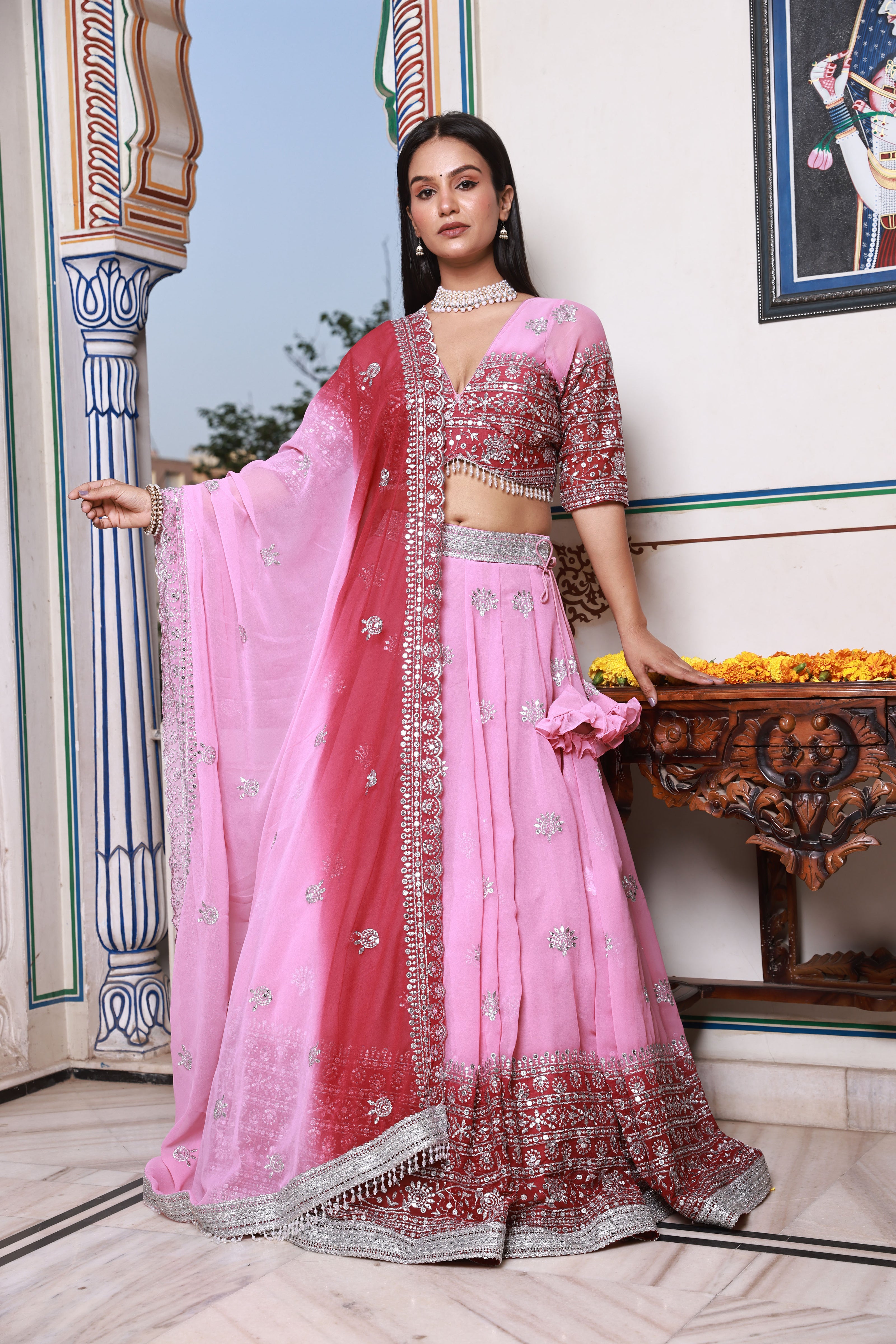 Pink and Red Embroidered Georgette Lehenga