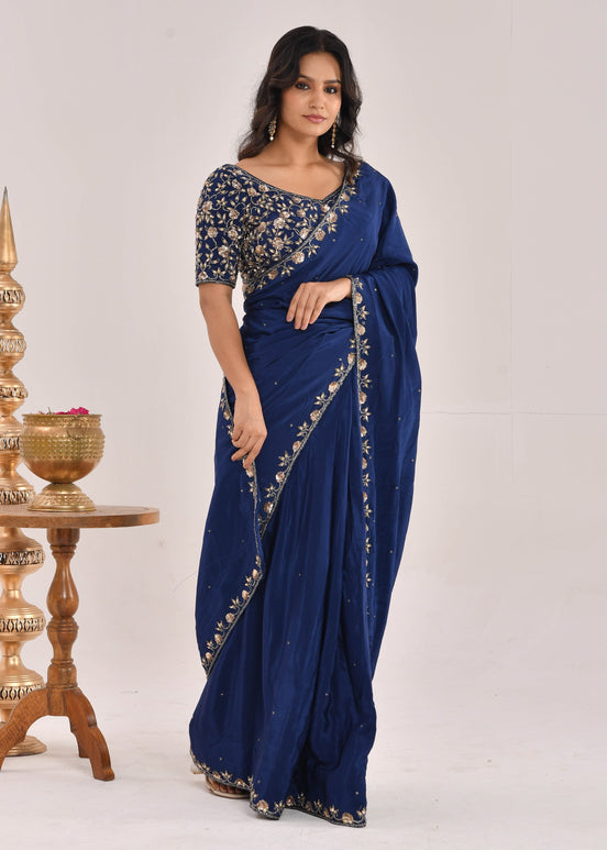 Dark Blue Hand-Embroidered Silk Saree