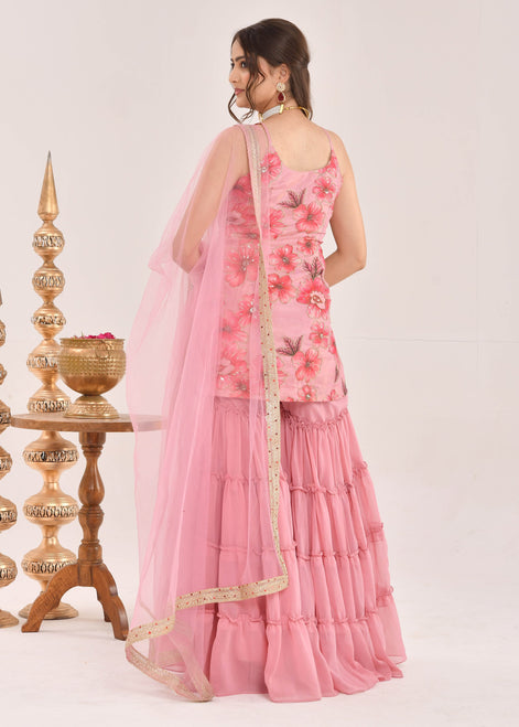 Dusty Pink Floral Printed Hand-Embroidered Georgette Sharara Suit