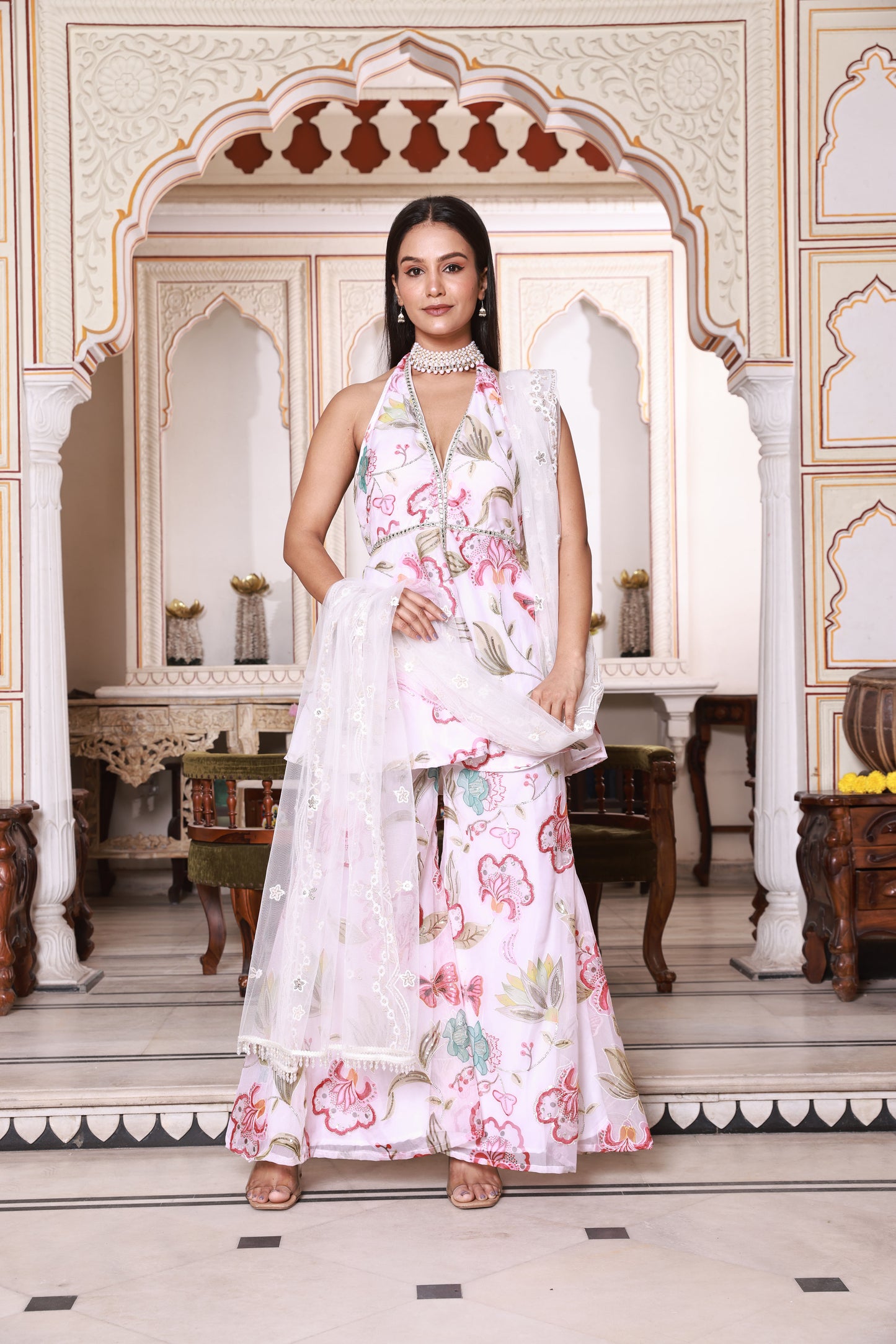 White Multicolor Floral Peplum-Style Embroidered Organza Pant Set