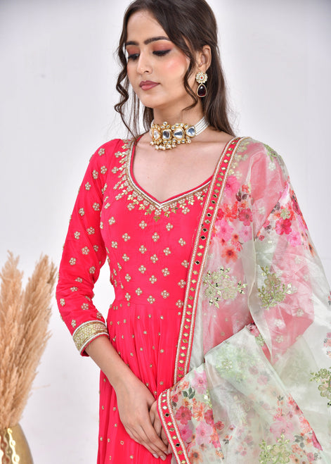 Hot Pink Hand-Embroidered Silk Anarkali Suit