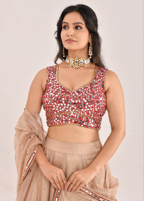Gold and Red Embroidered Raw Tissue Lehenga