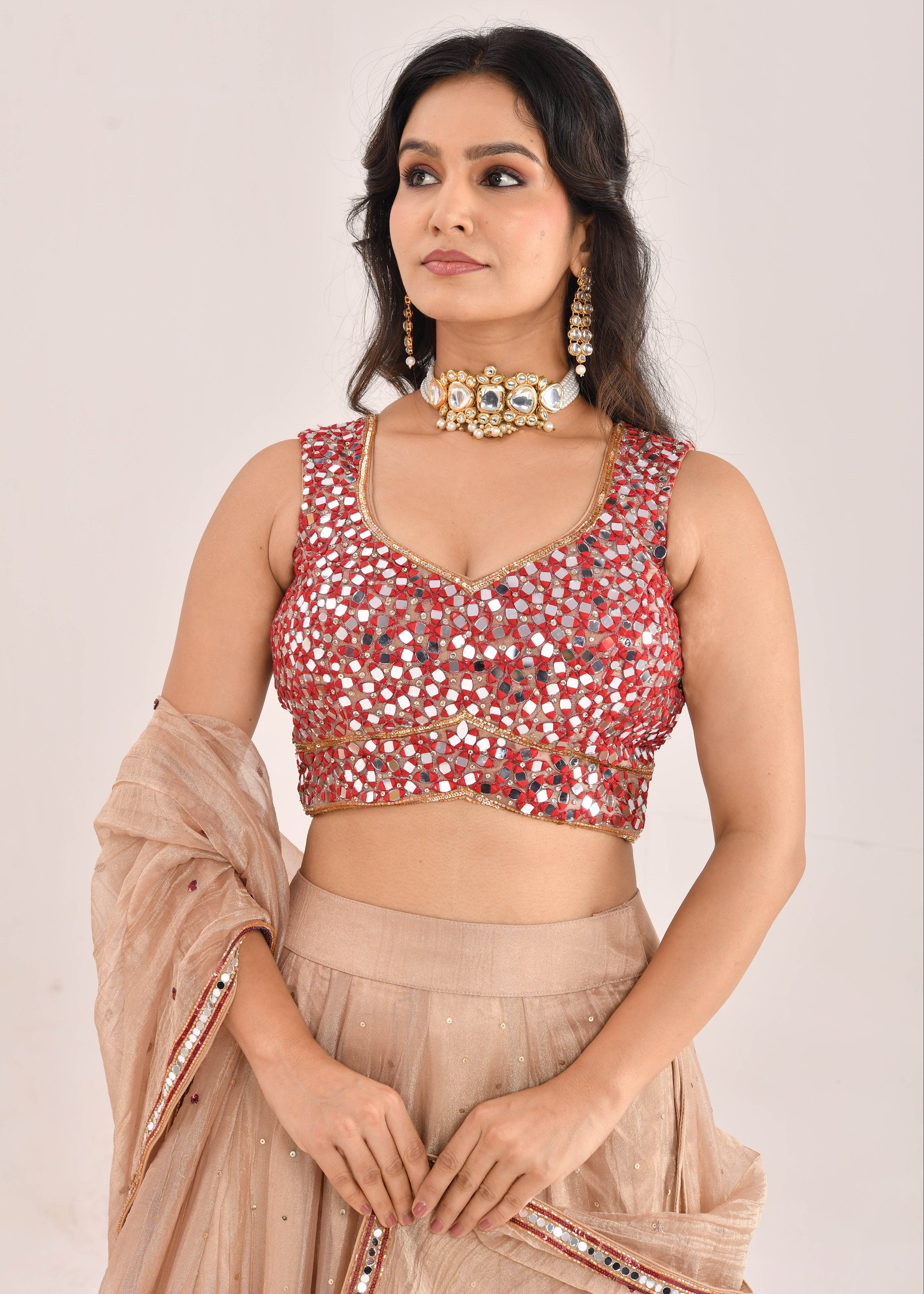 Gold and Red Embroidered Raw Tissue Lehenga