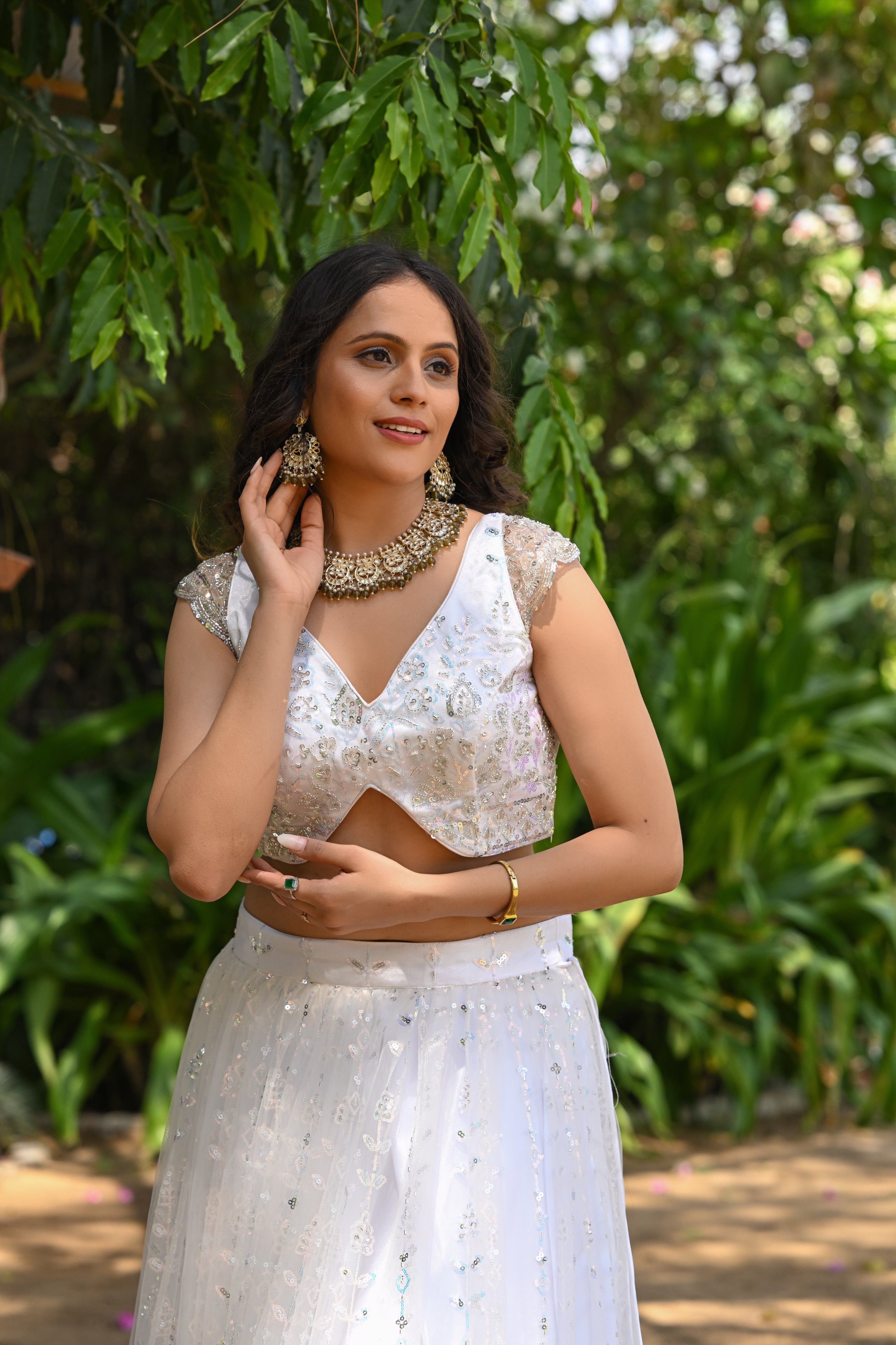 White Sparkle Embroidered Net Lehenga