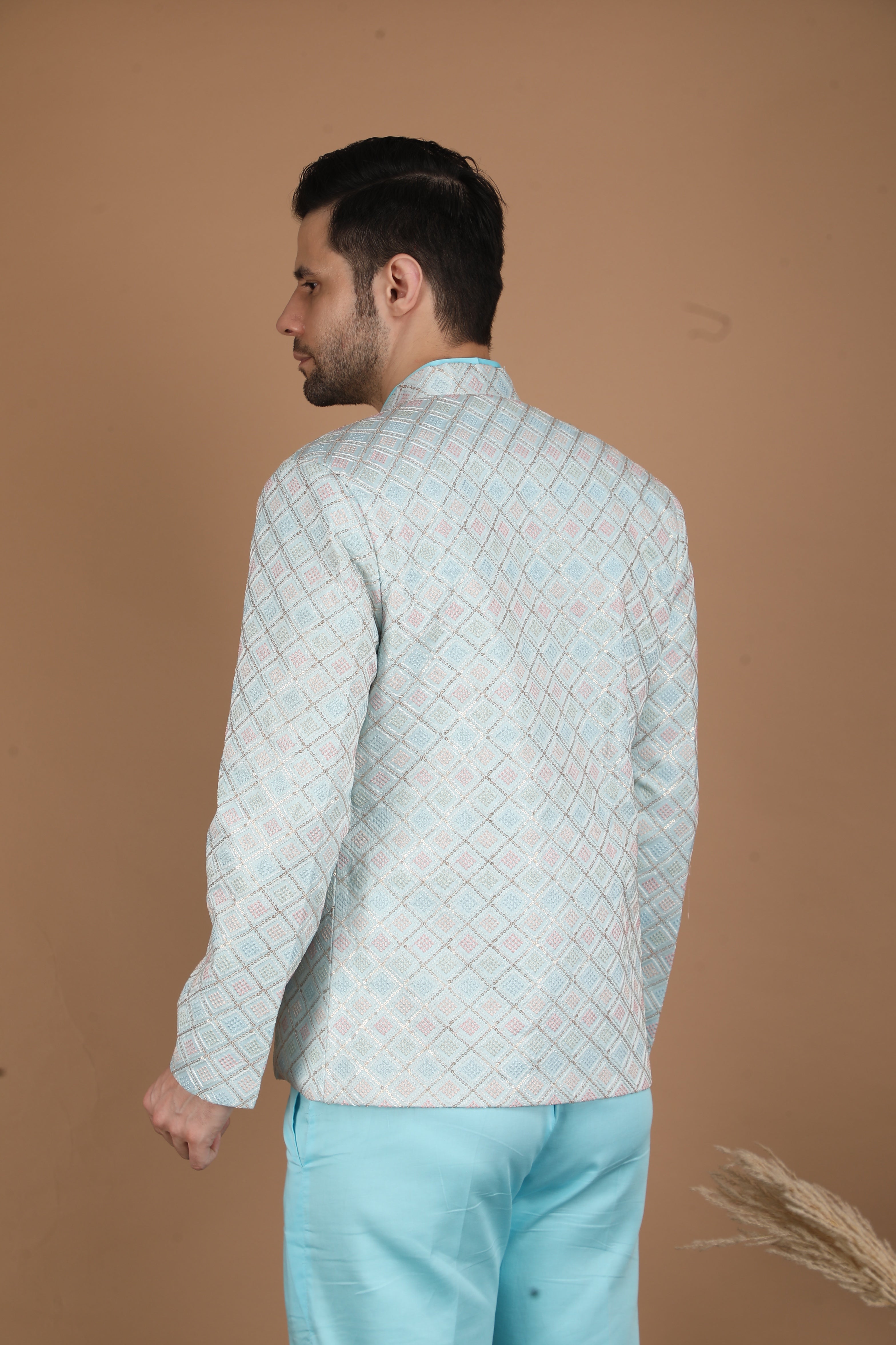Aqua Blue Silk Nehru Jacket Set