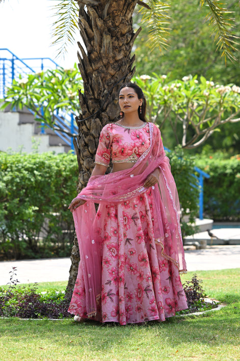 Pink Multicolor Floral Embellished Organza Lehenga