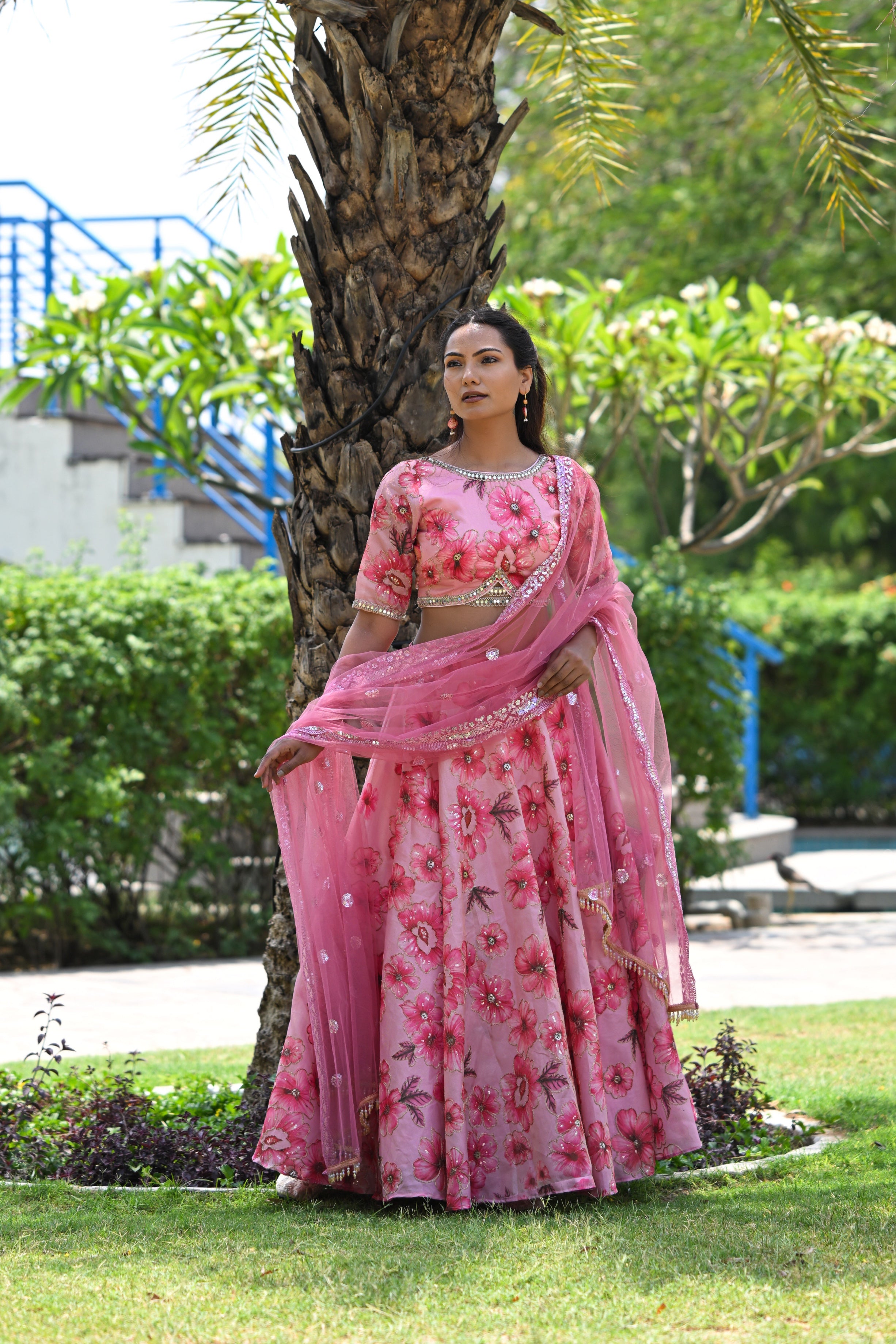 Pink Multicolor Floral Embellished Organza Lehenga