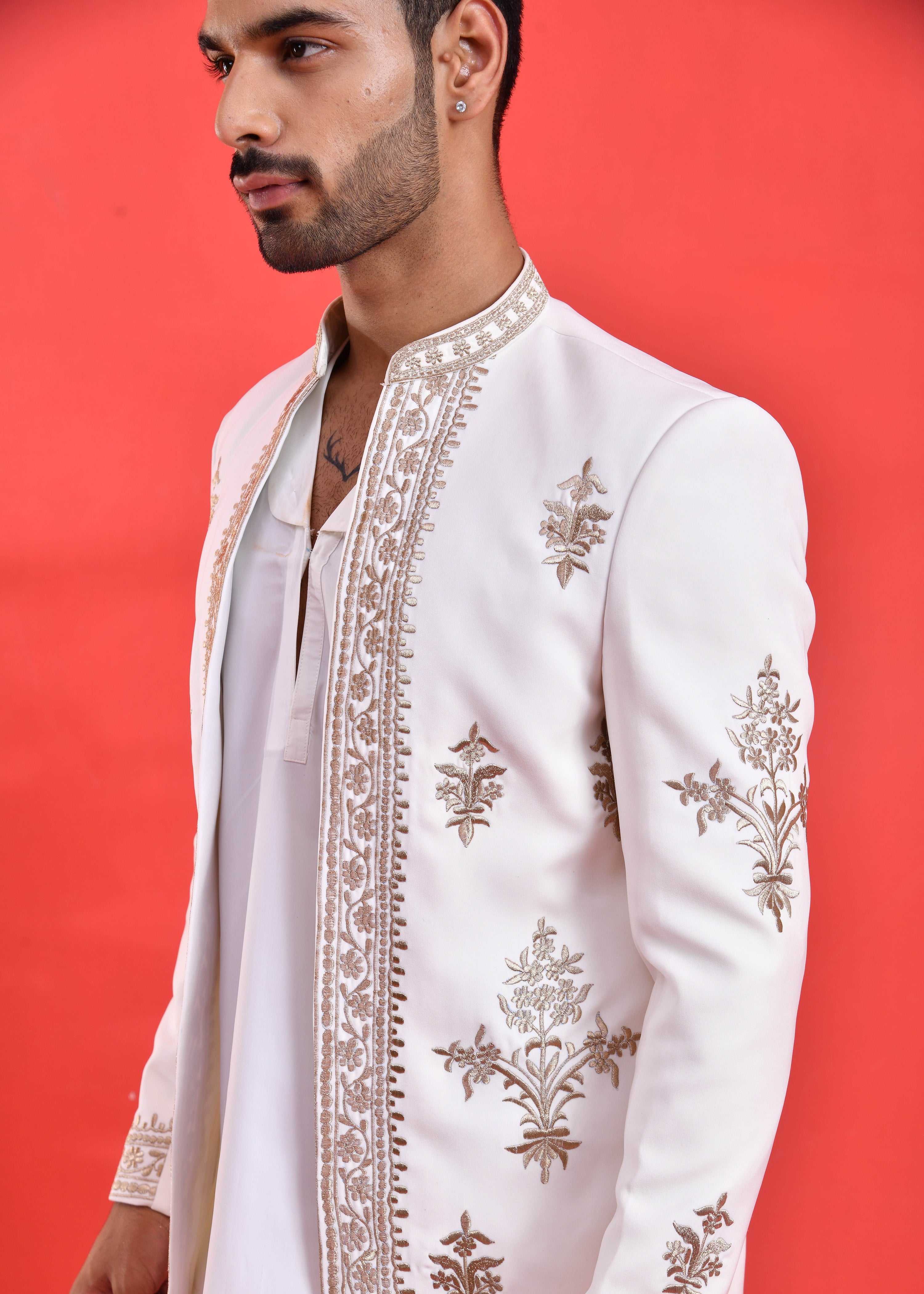 White Embroidered Japanese Silk Indo-Western Suit