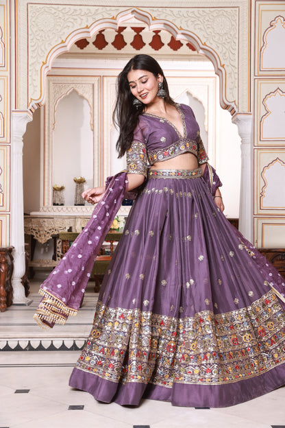 Plum Embroidered Silk Lehenga