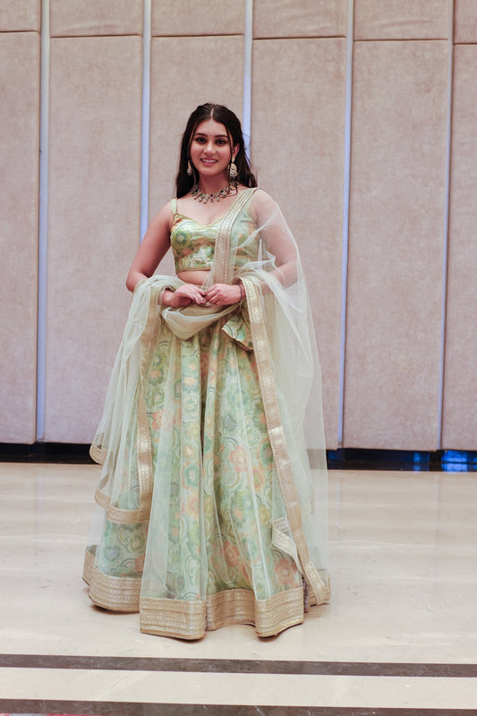 Mint Green Multicolor Floral Embroidered Net Lehenga