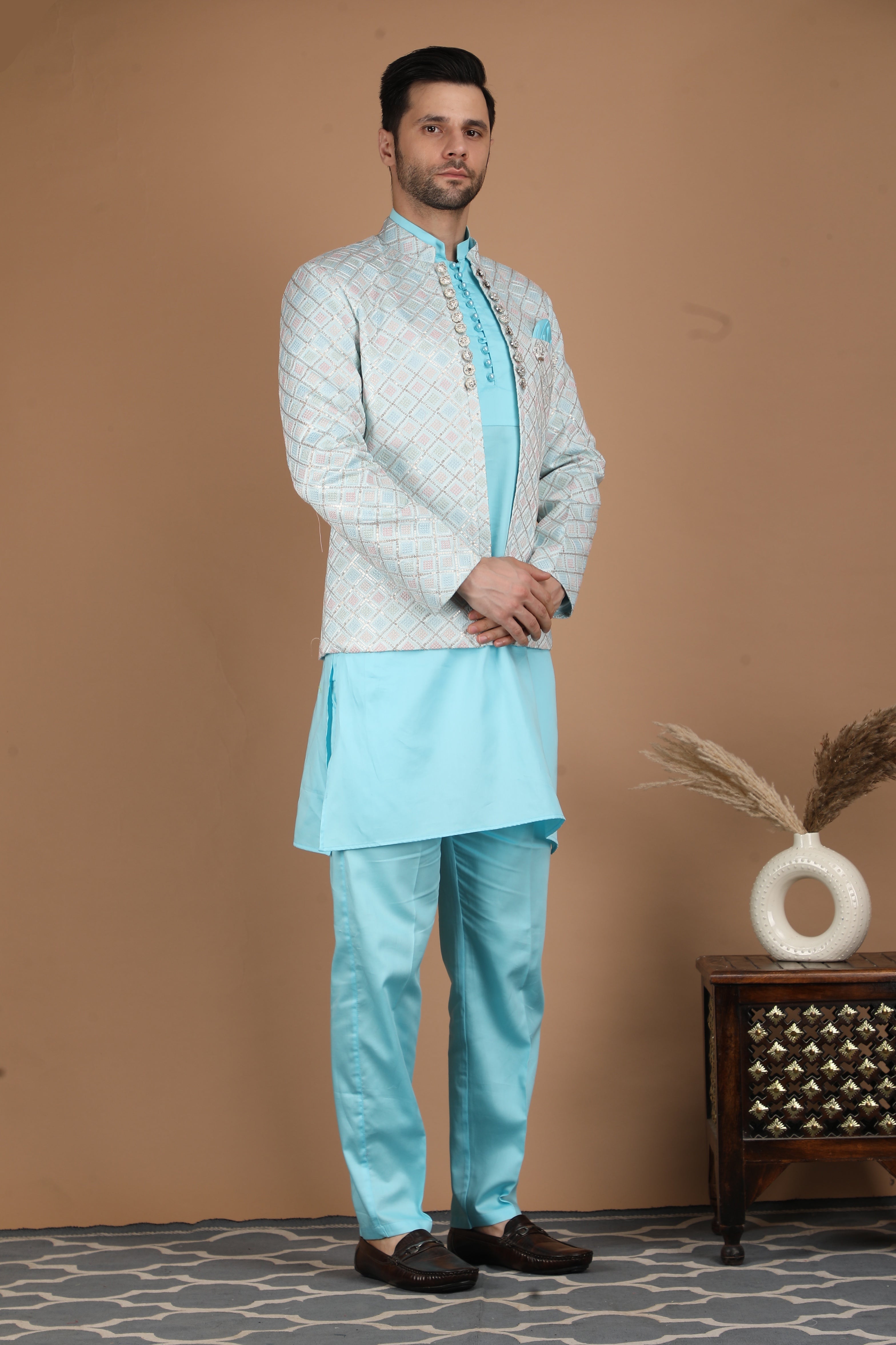 Aqua Blue Silk Nehru Jacket Set