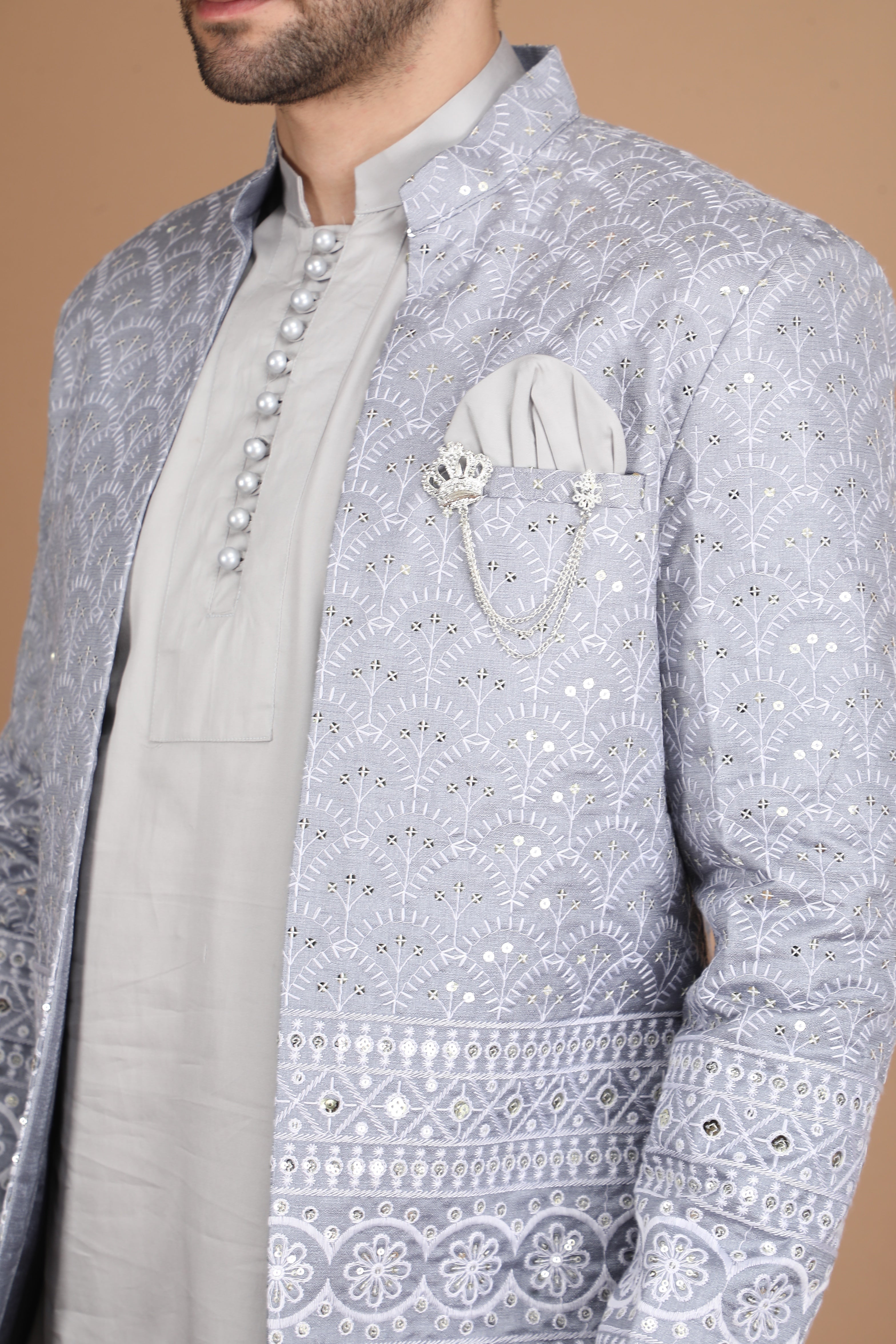 Grey Silk Nehru Jacket Set