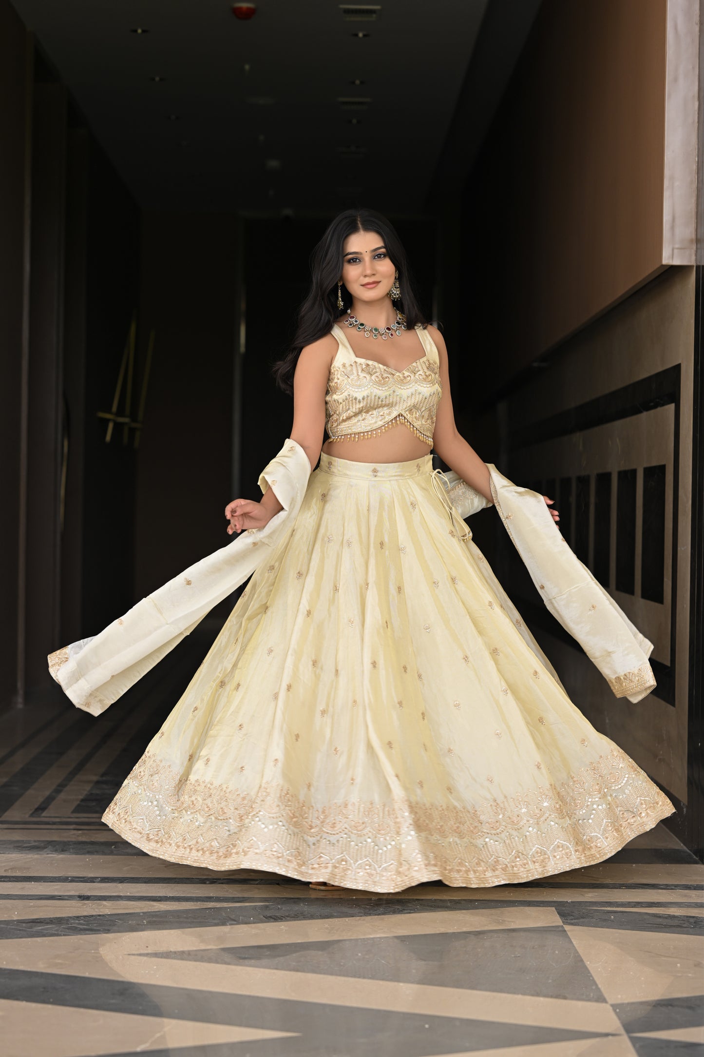 Off-White and Beige Embroidered Silk Lehenga