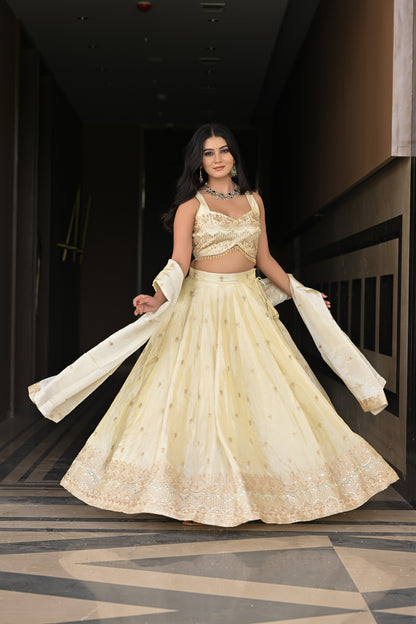 Off-White and Beige Embroidered Silk Lehenga
