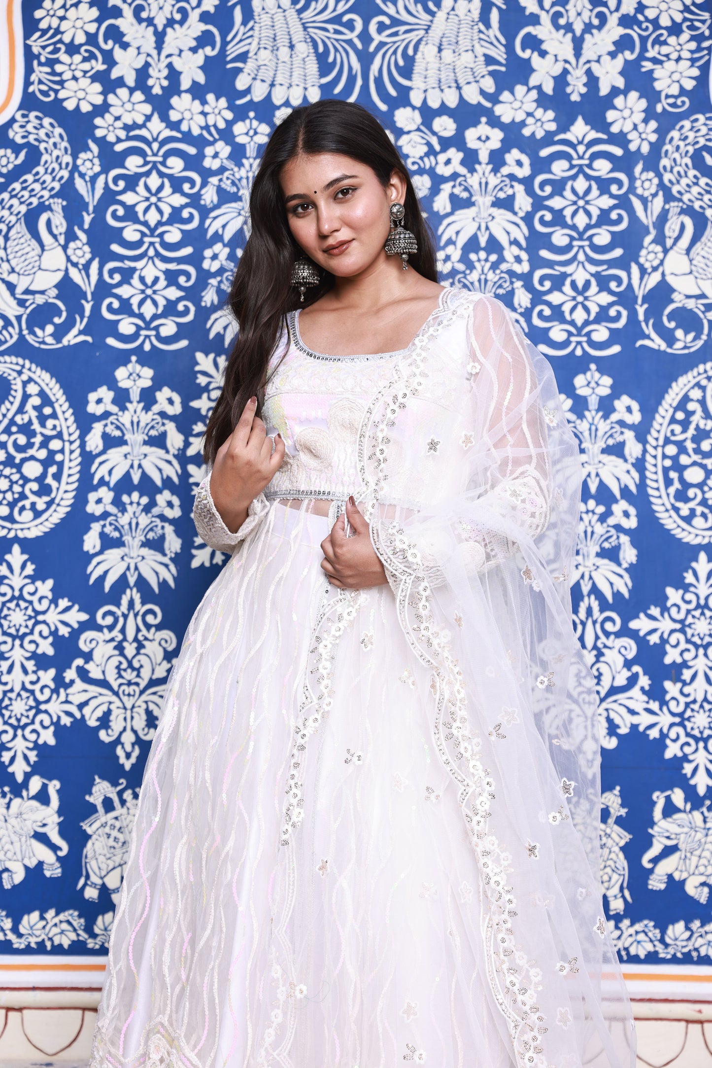 White Floral Embroidered Anarkali Style Net Lehenga