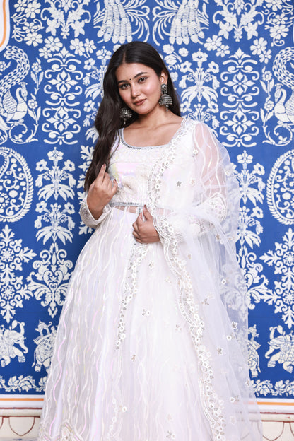 White Floral Embroidered Anarkali Style Net Lehenga