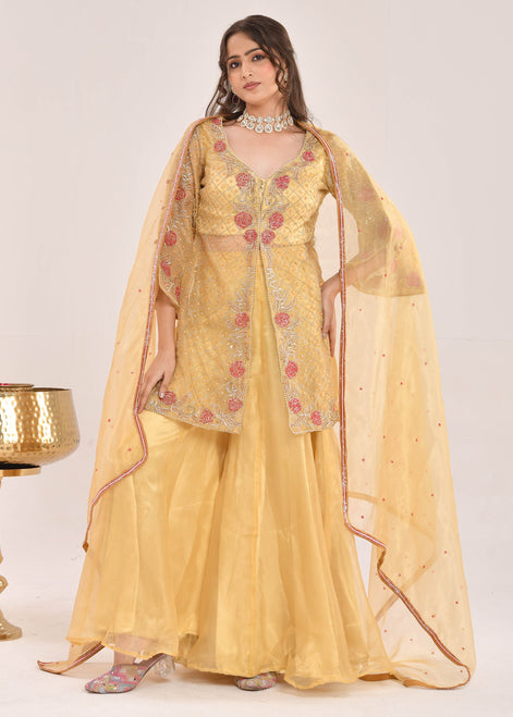 Mustard Yellow Hand-Embroidered Organza Sharara Suit