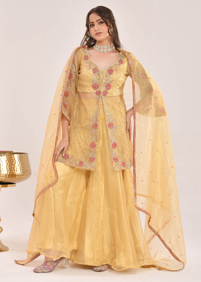 Mustard Yellow Hand-Embroidered Organza Sharara Suit