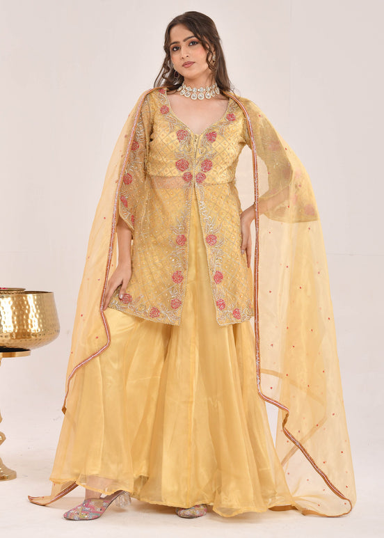 Mustard Yellow Hand-Embroidered Organza Sharara Suit