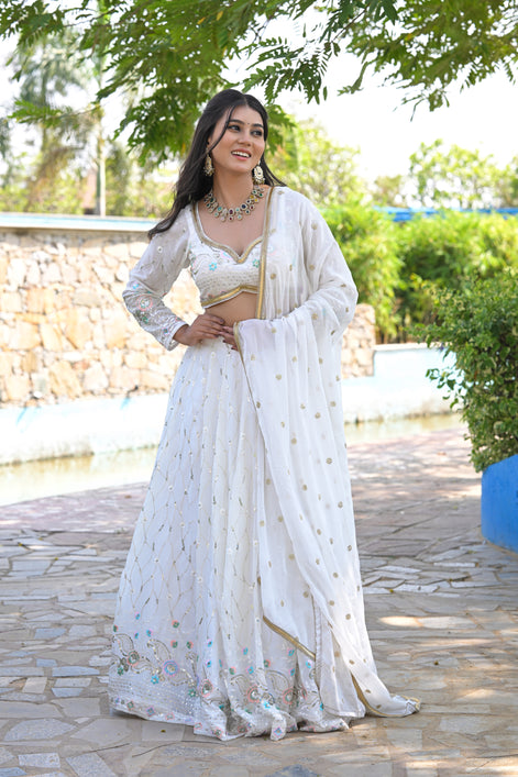 White Multicolor Floral Embroidered Georgette Lehenga