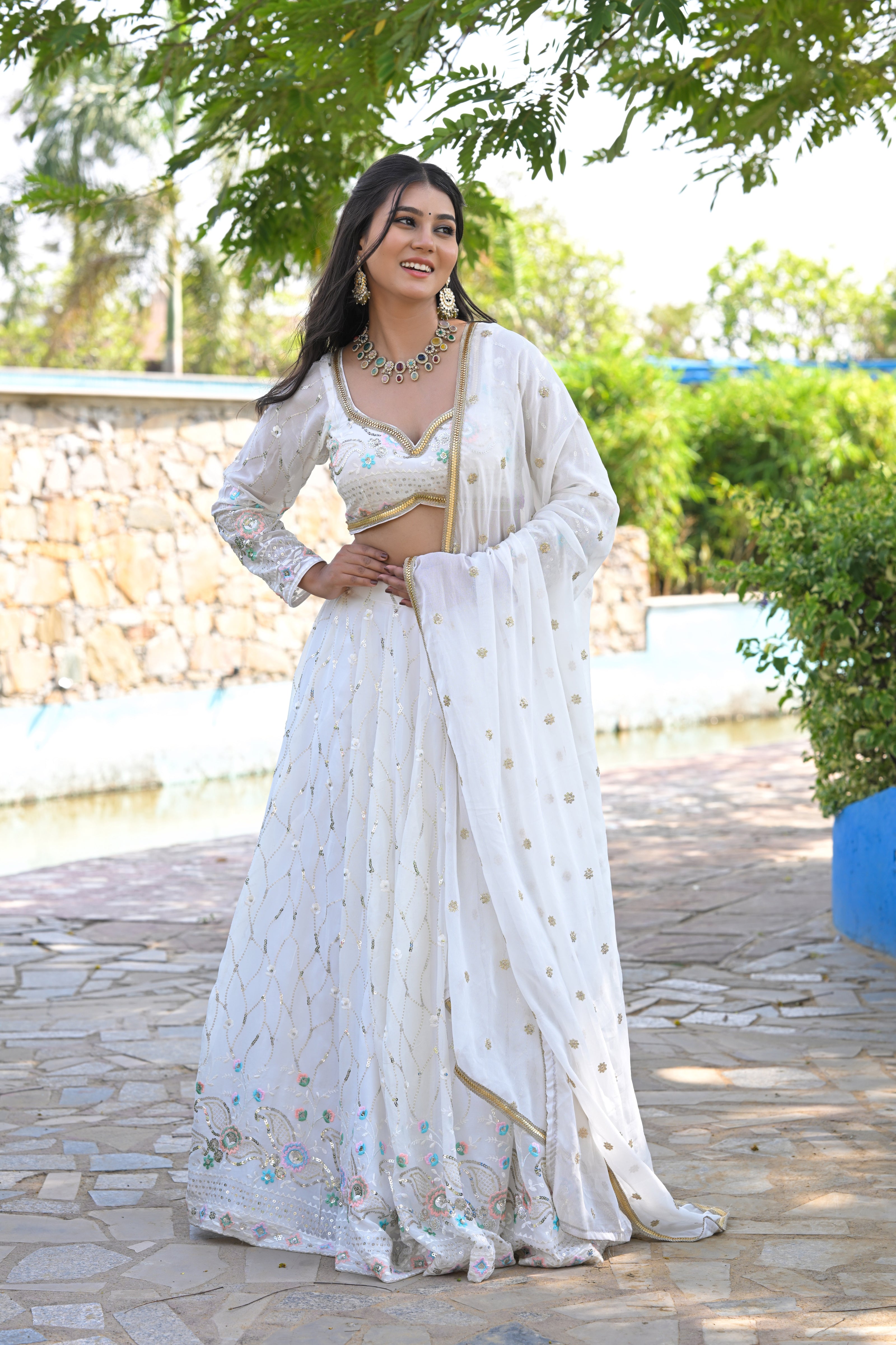 White Multicolor Floral Embroidered Georgette Lehenga