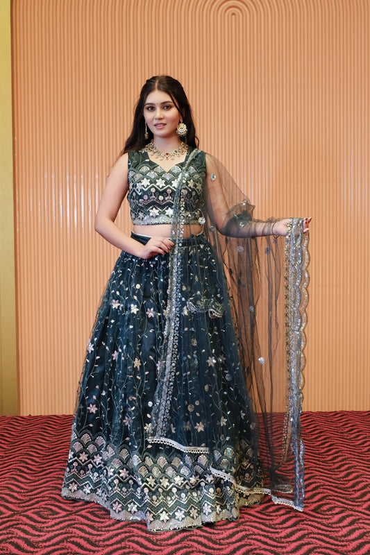 Dark Teal Sparkle Embroidered Net Lehenga